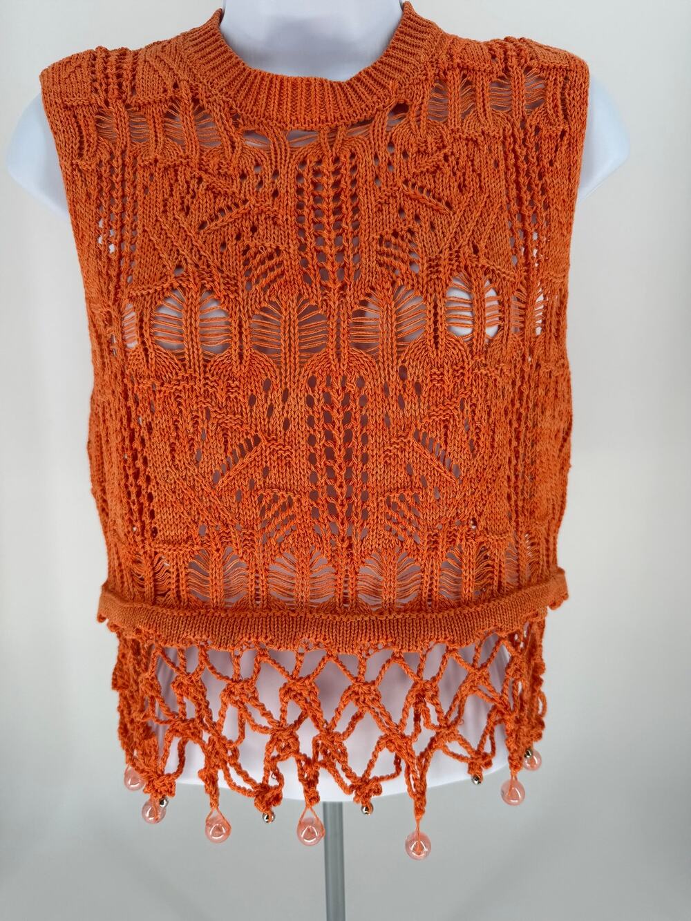 Zara Womens M Orange Crochet Open Knit Sleeveless Beaded Fringe Crop Top